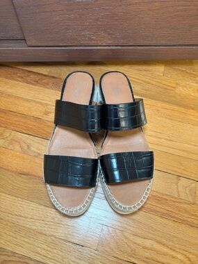 Franco Sarto Black Croc-Embossed Double Strap Slide Sandals